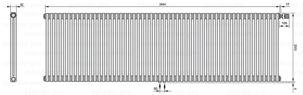 Схема (чертеж) Радиатор Zehnder Charleston 2200/54 №V008 Белый глянцевый RAL 9016